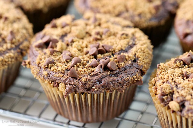 Chocolate Muffins with Chocolate Streusel on a cooling rack close up.