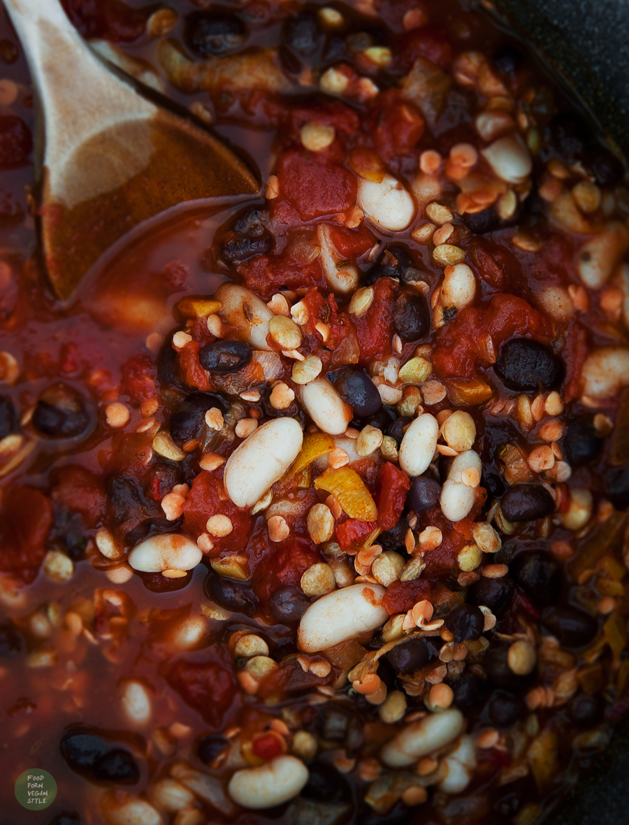Thick and warming vegan chili with beans and lentils