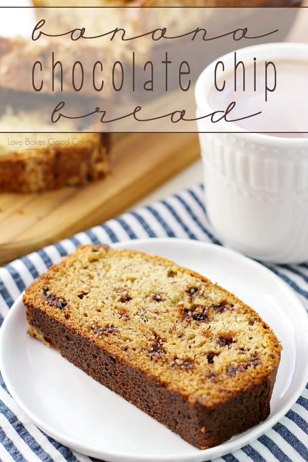 Banana Chocolate Chip Bread on a white plate with a cup of coffee.