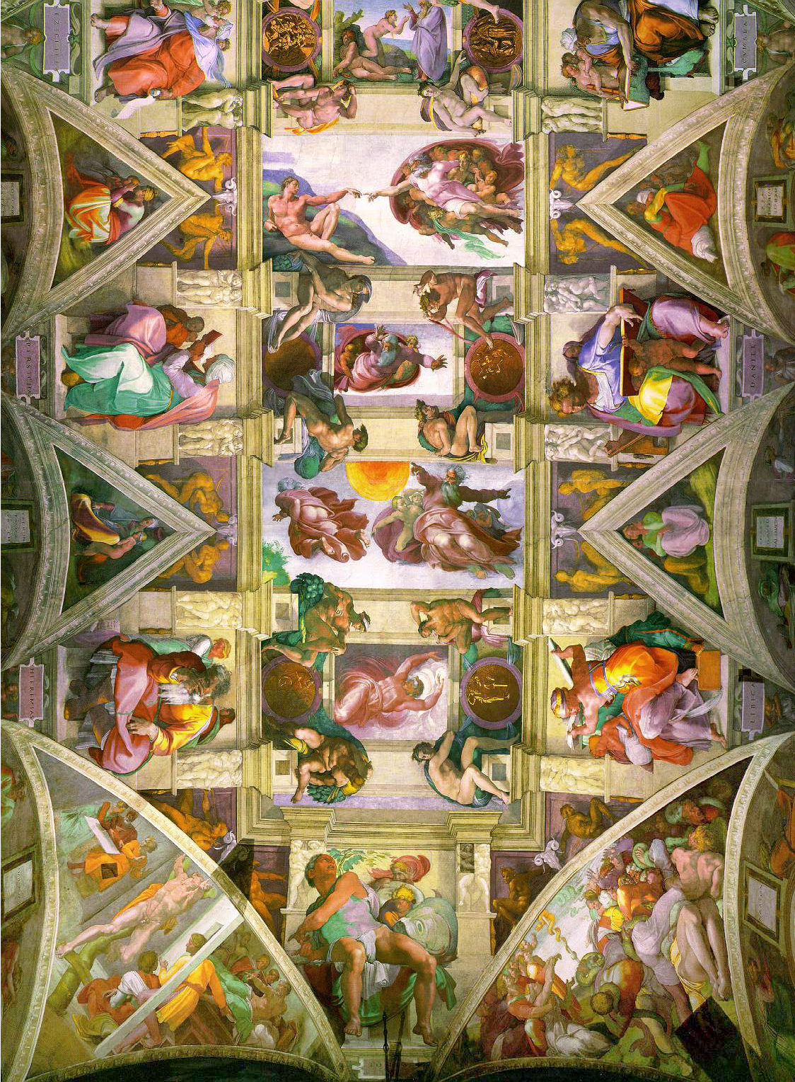 The left half of the ceiling of the Sistine Chapel, painted by Michelangelo in 1508 and restored in 1994