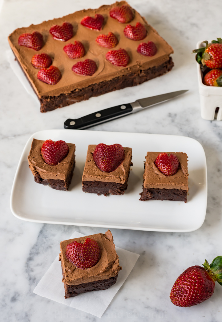Chocolate Frosted Fudgy Brownies with Strawberries www.pineappleandcoconut.com