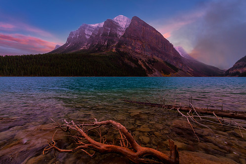 pink sunset sky lake canada mountains water colors clouds landscape dusk alpine alberta rockymountains bluehour lakelouise