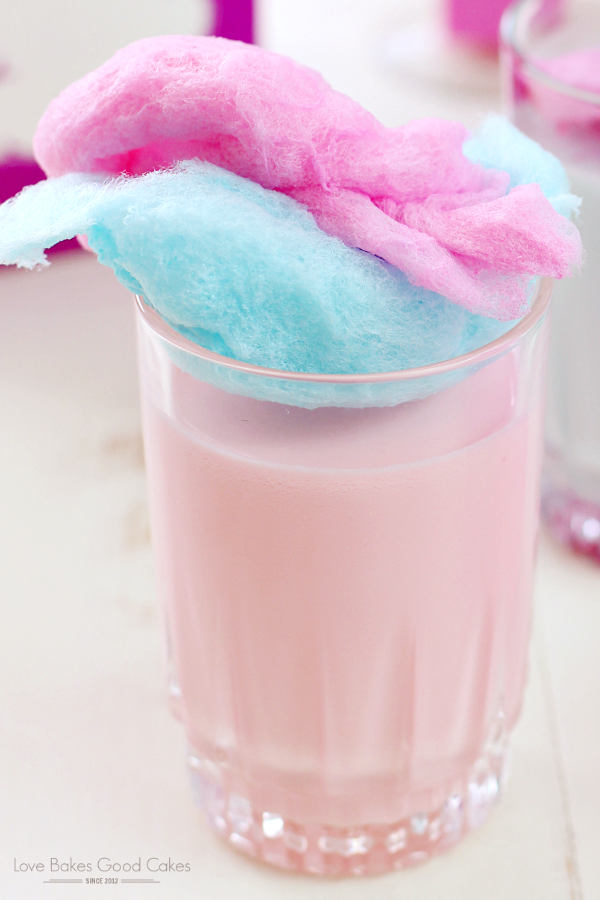 Cotton Candy Shooter with cotton candy in the top of the glass.