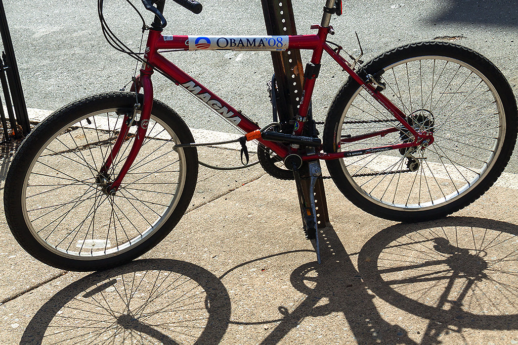 Obama bumper sticker on bike--Center City