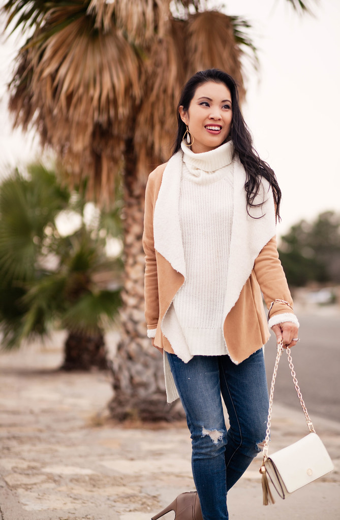 cute & little blog | petite fashion | suede shearling waterfall jacket, white turtleneck sweater, distressed jeans | neutral fall outfit
