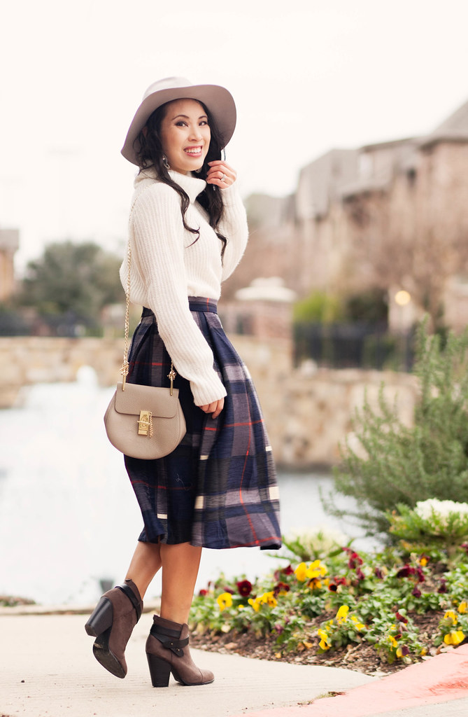 cute & little blog | petite fashion | express turtleneck white sweater, good row company plaid midi skirt, gray felt hat | winter outfit