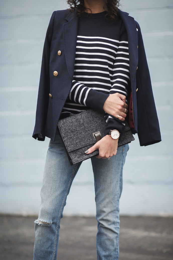 Stripe sweater and double-breasted blazer petite