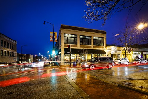 Notley Hawkins Photography, Downtown Columbia Missouri, Ninth Street and Cherry Columbia Missouri, architecture, rainy evening, wet, reflection, long exposure, light trails