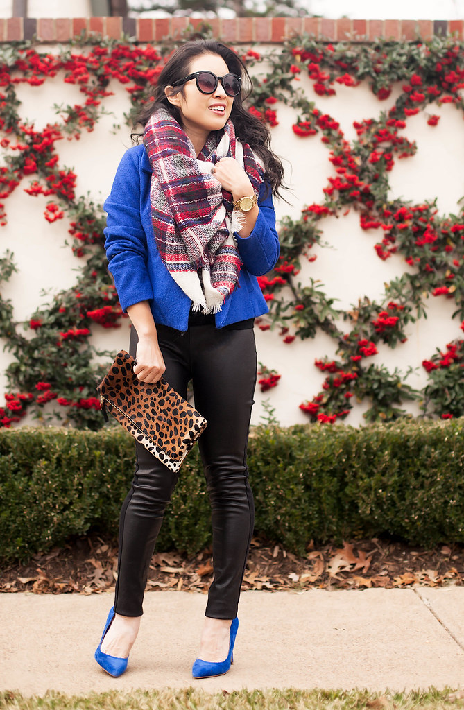 cute & little blog | petite fashion | plaid blanket scarf, cobalt blue coat, leather pants, cobalt pumps, leopard clutch | winter outfit