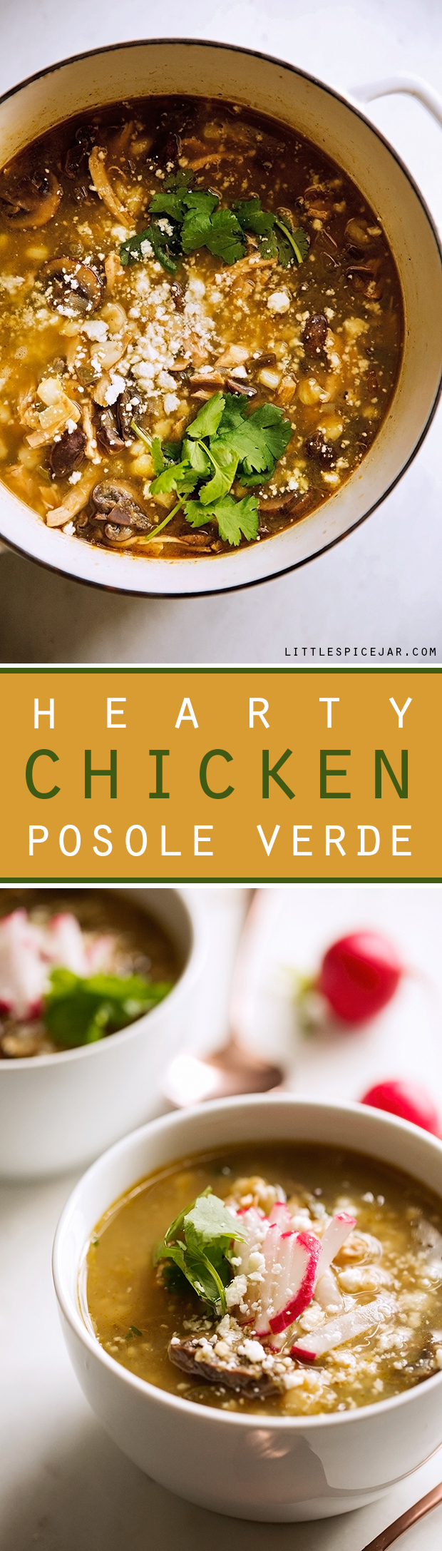 Hearty Chicken Posole Verde - loaded with shredded chicken and sliced mushrooms, this stew is super filling and so comforting! #chickenstew #chickenposole #posoleverde | Littlespicejar.com@littlespicejar