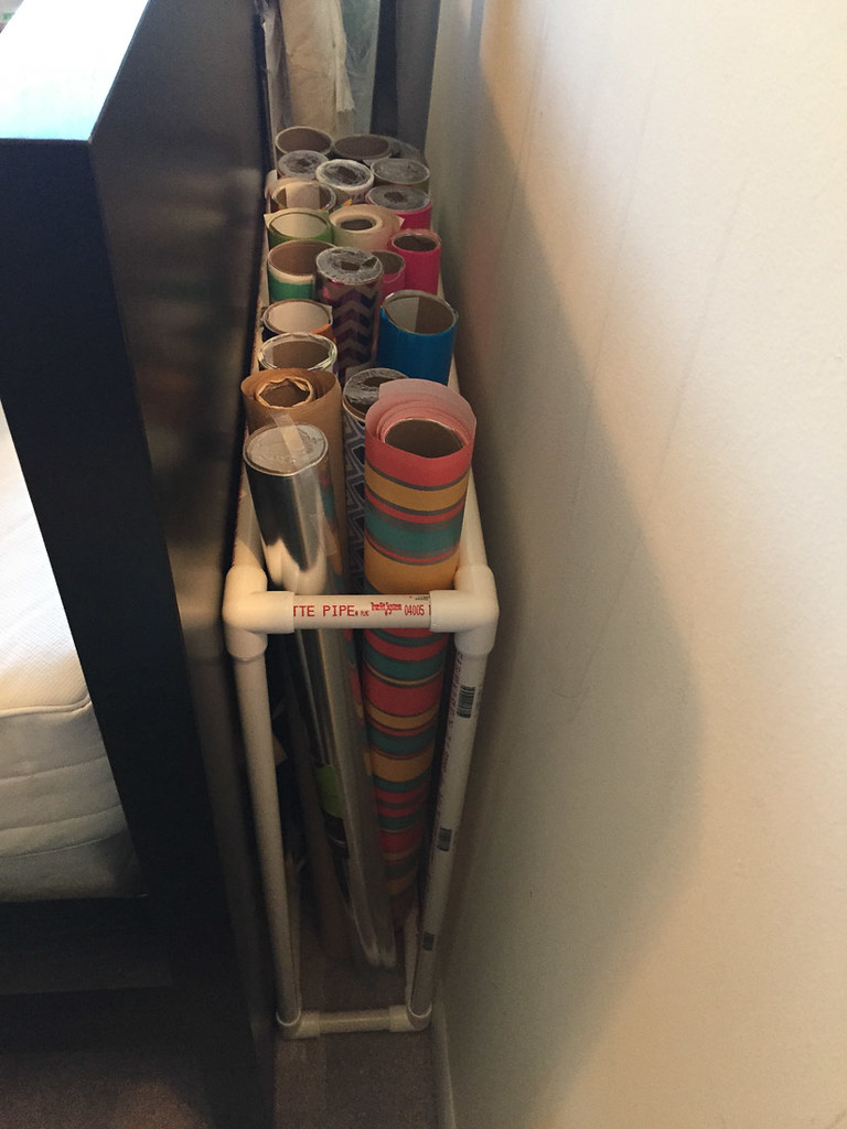 DIY wrapping paper storage from PVC