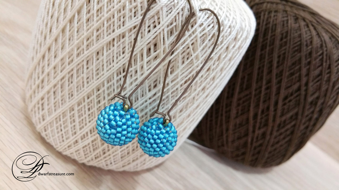 sky blue beaded bead ball long earrings
