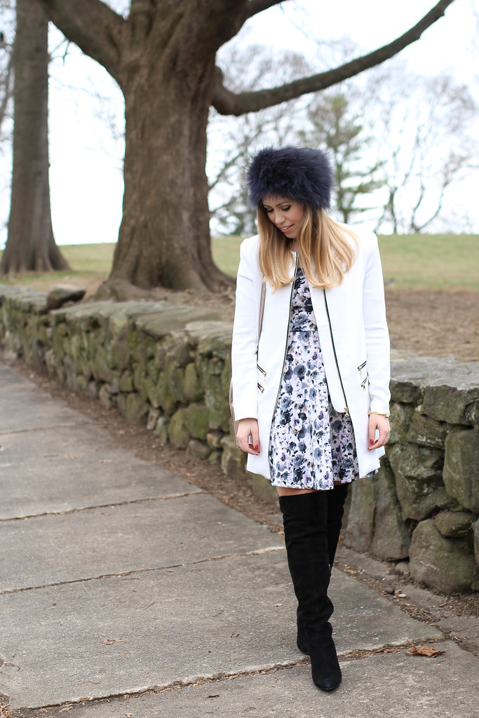 Fur Hat | Floral Dress | OTK Boots | White Coat | Winter Dressed Up Outfit