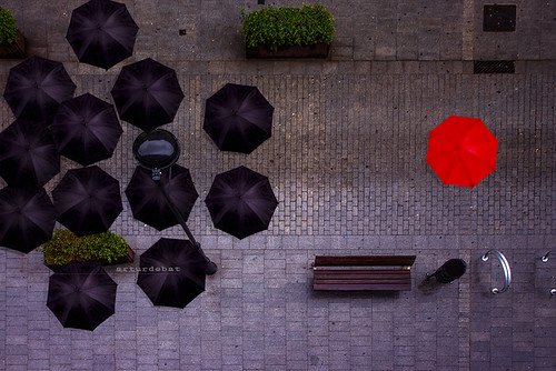 above street original red people storm black color art wet water up composition umbrella photoshop dark bench rebel idea high cool europe bright furniture creative vivid catalonia minimal sidewalk rainy catalunya concept shape simple edition maresme paraguas highlight humidity lider paraigues constrast againts elevatedview flatlay