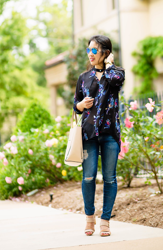 cute & little blog | petite fashion | boho floral blouse, distressed jeans, hushpuppies molly malia sandals, ray-ban blue mirror aviators | spring outfit