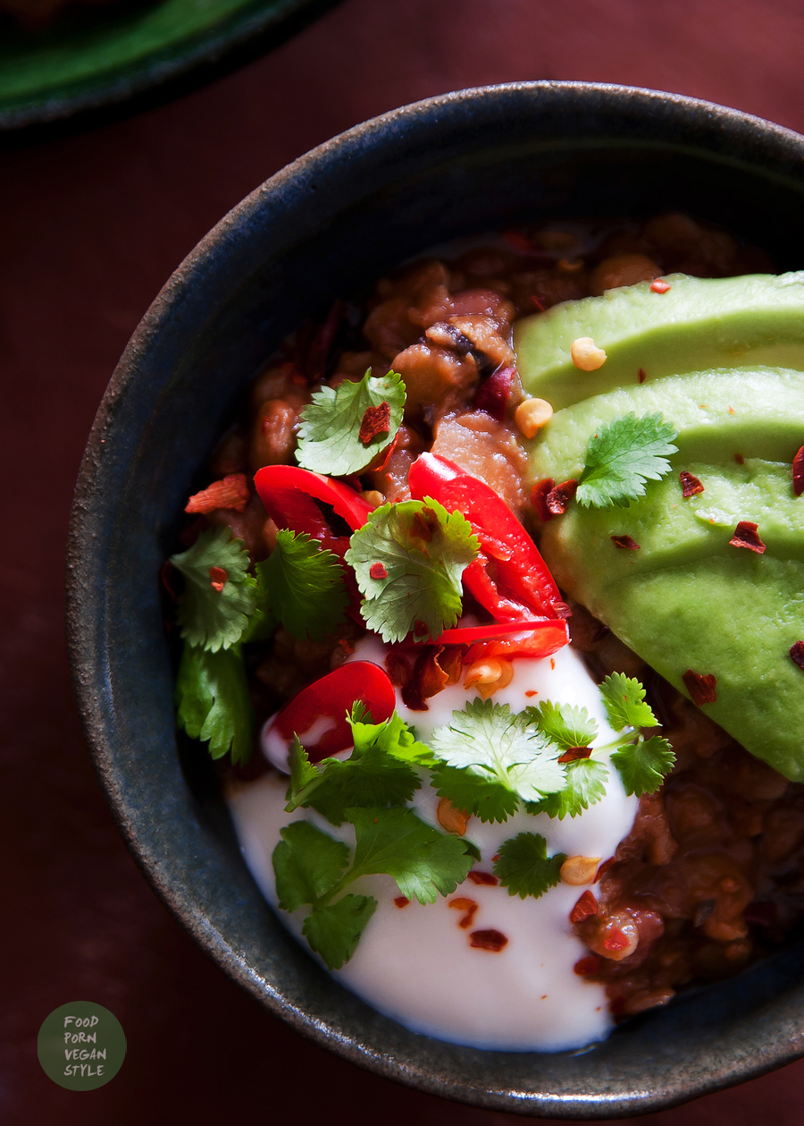 Thick and warming vegan chili with beans and lentils