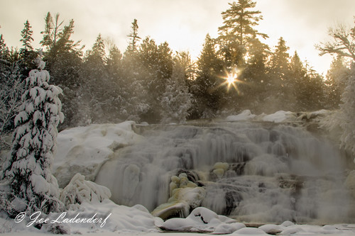 winter snow ice sunrise waterfall michigan upperpeninsula bondfalls