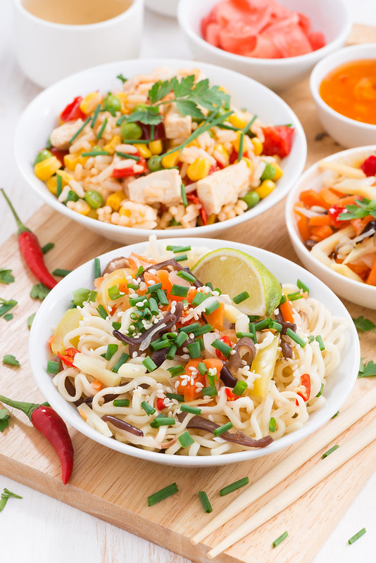 rice noodles and fried rice with vegetables