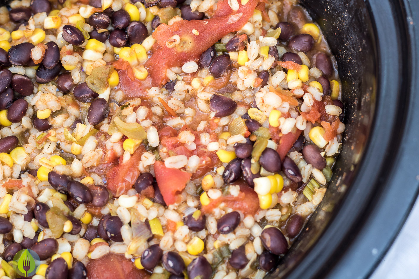 slowcooker with blackbean and barley burrito filling