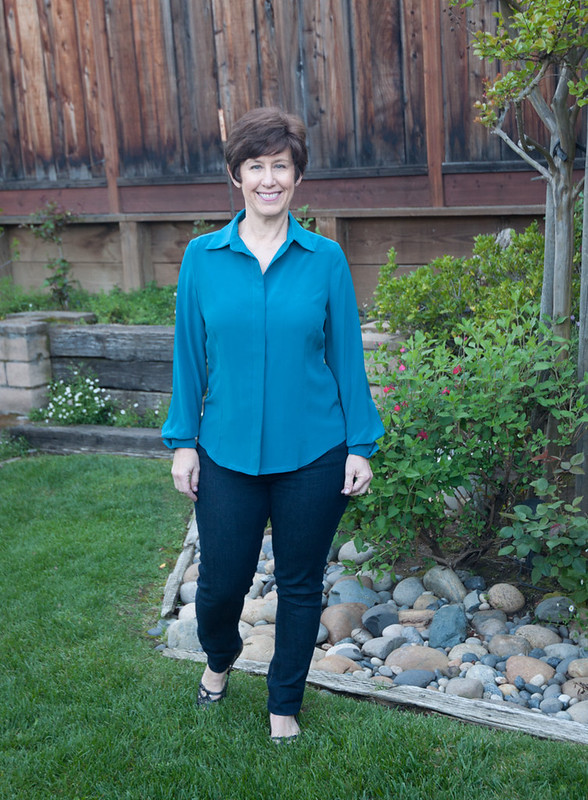 teal silk blouse full length