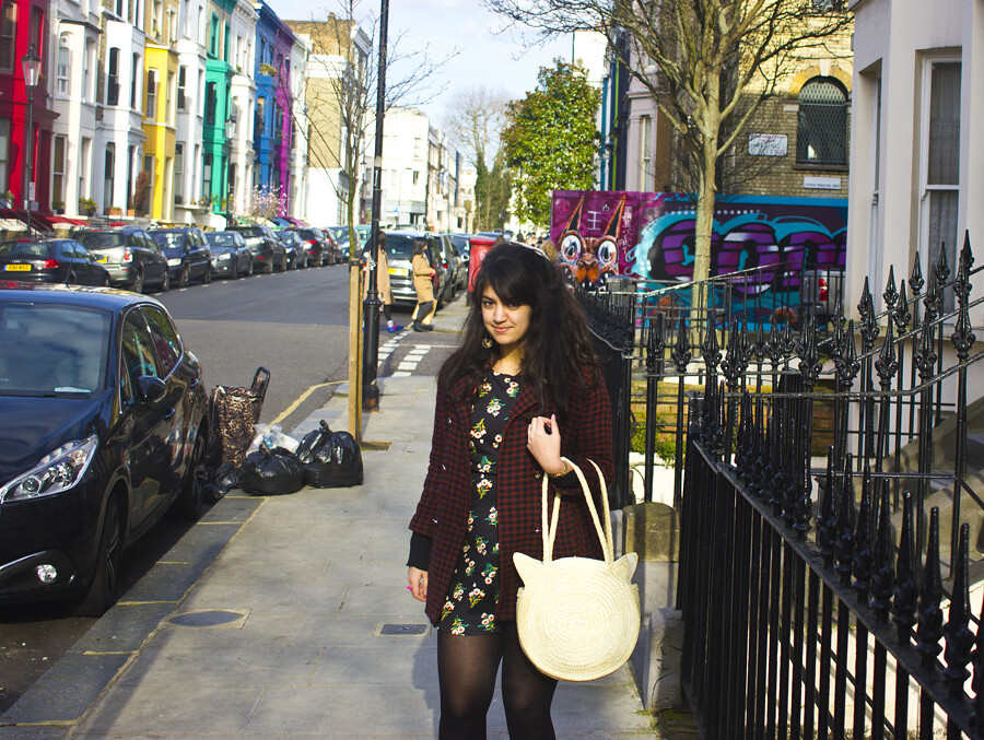 laila, cat bag, ootd, outfit, clothes, red tweed, tweed blazer, black dress, black floral dress, messy hair, outfit notting hill, street style, london street style