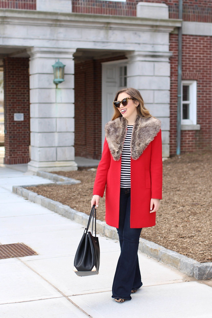 Red Coat | Fur Collar | Flar Jeans | Striped Shirt | Early Spring Late Winter Outfit