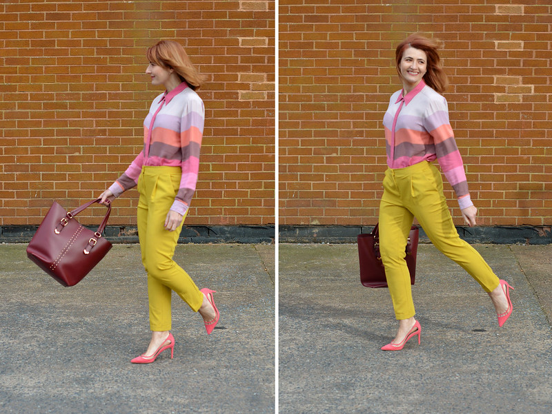 SS16 pastel bright stripes, mustard yellow trousers, coral heels | Not Dressed As Lamb