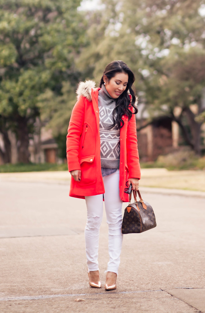 cute & little blog | petite fashion | j.crew chateau electric red parka, grey fair isle sweater, white jeans, chambray shirt, lv speedy 25 | winter outfit