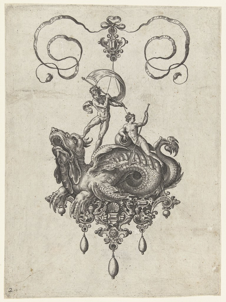 Pendant with dragon and man on a sail - Adriaen Collaert and Hans Collaert (I) attributed as printmakers, published by Philips Galle, 1582