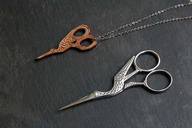 Stork Scissors by Ernest Wright & Son, and Stork Scissors Necklace by Frilly Industries