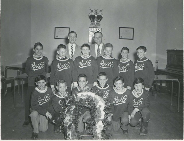 Dickie Moore with Park Ex hockey team in 1956