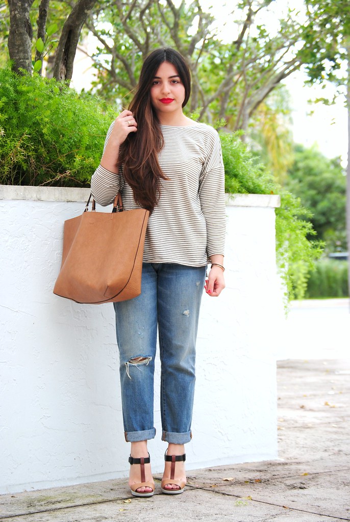 stripes and distressed denim weekend outfit