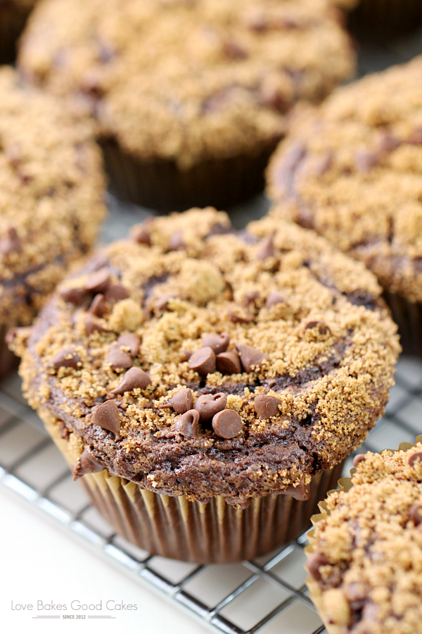 Chocolate Muffins with Chocolate Streusel on a cooling rack close up.