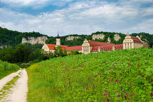 old blue summer sky flower building green church nature abbey field germany rocks blossom valley danube