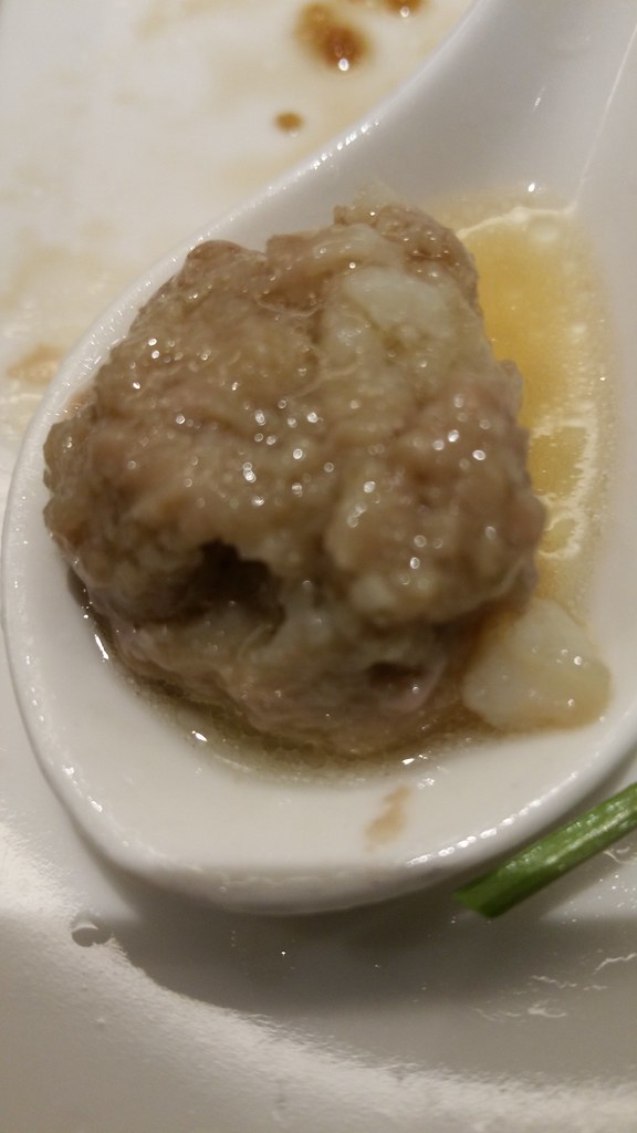 2016-Jan-22 Dinesty Dumpling House Burnaby - filling and soup of Steamed Pork Soup Dumpling