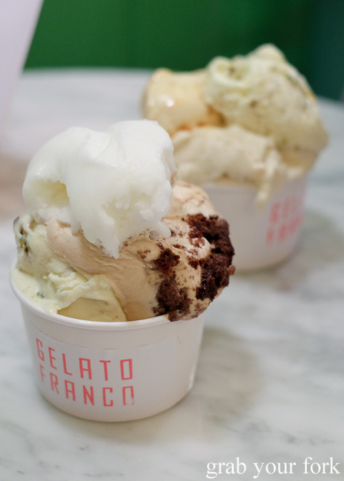 Pistachio gelato, tiramisu gelato and lemon sorbetto at Gelato Franco, Marrickville