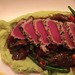 Yellow fin tuna on mushrooms and green beans with wasabi pea mashed potatoes