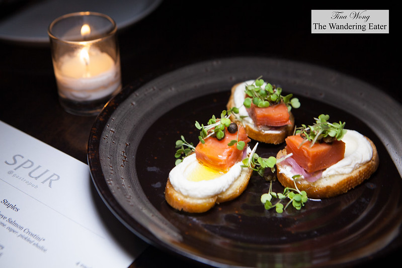 Sockeye Salmon Crostini, mascarpone. caper. pickled shallot