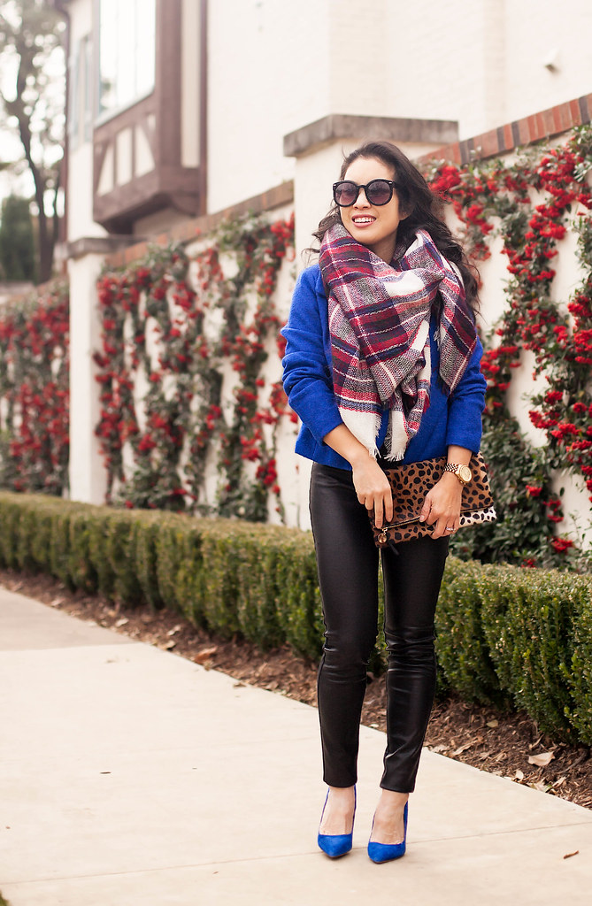 cute & little blog | petite fashion | plaid blanket scarf, cobalt blue coat, leather pants, cobalt pumps, leopard clutch | winter outfit