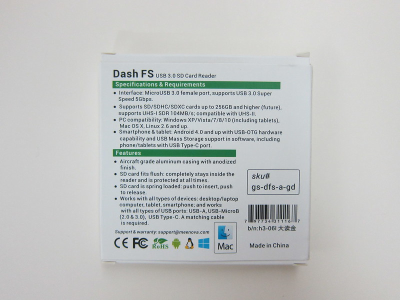 Dash SD Card Reader - Box Back