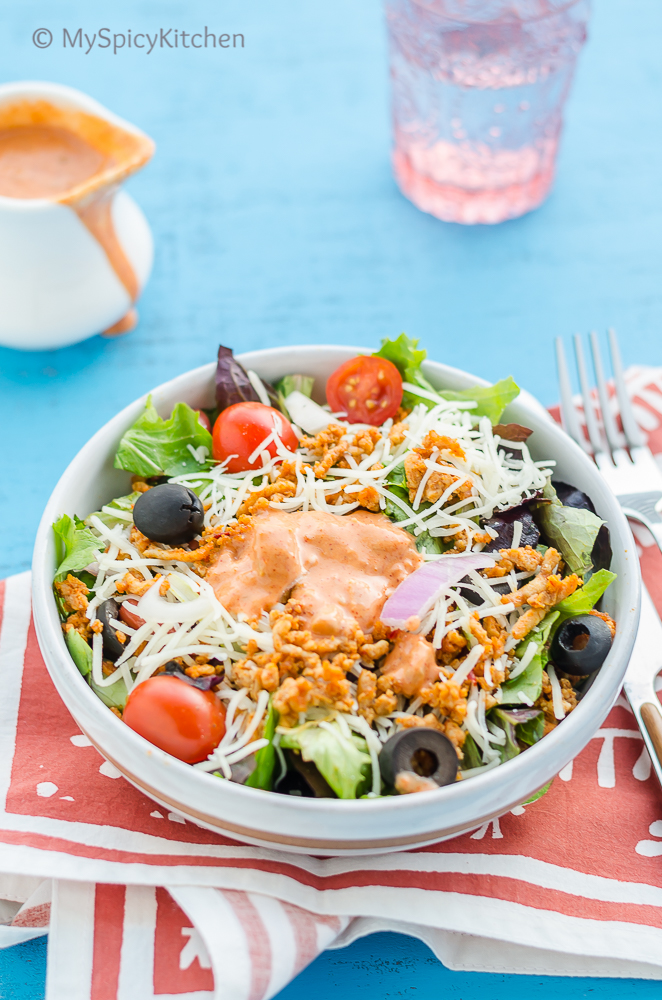  Ground chicken taco salad is an easy weeknight salad and a great for potlucks.