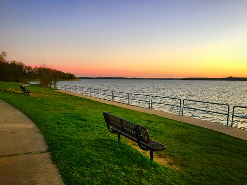 sunset lake water grass bench lakeside rowlett