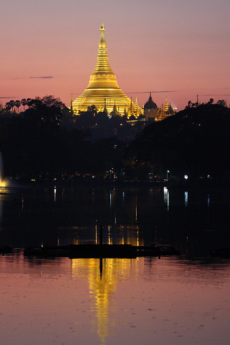 sunset lake reflection night landscape gold pagoda scenery view shwedagon yangon burma myanmar burmese kandawgyi