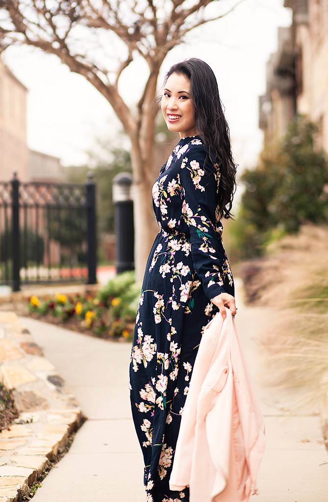 cute & little blog | petite fashion | pink moto jacket, floral maxi, strappy sandals, chloe drew crossody | fall winter dressy outfit