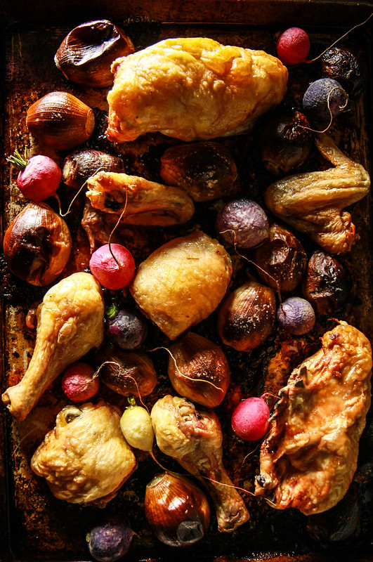Roast Chicken, Shallots and Radishes with Radish Green Pesto from HeatherChristo.com
