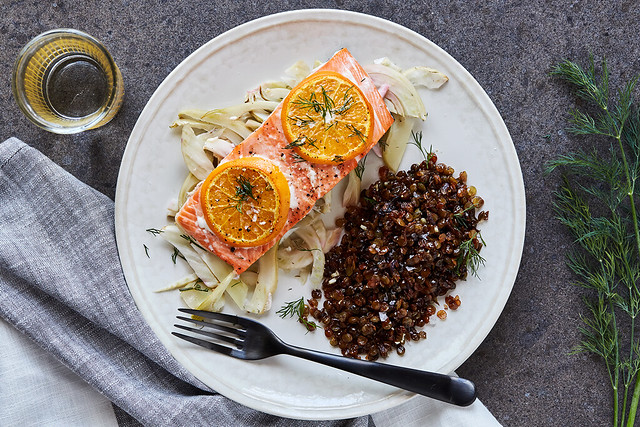 Slow Roasted Citrus Fennel King Salmon with Crispy Fried Lentils