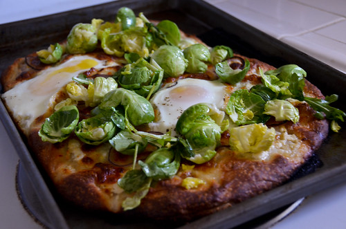 White Pizza with Baked Eggs & Arugula-Brussels Sprout Salad