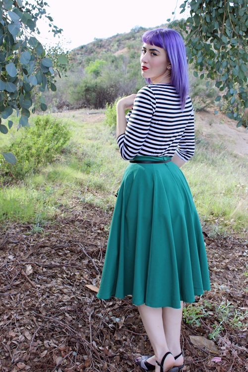 Unique Vintage Hell Bunny 1950s Style Green High Waist Crepe Ellie May Swing Skirt Target Boatneck Top in Black and White Stripe