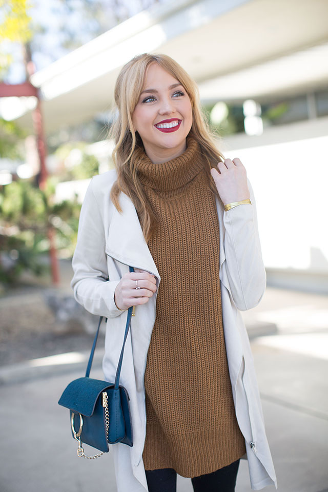 camel-and-black, camel-and-black-color-combo, hannah-hagler, champagne-lifestyle-blog, fashion, fashion-blogger, affordable-fashion, budget-friendly-fashion-blogs, affordable-fashion, diophy-handbags, chloe-drew-bag, sweater-vest, turtleneck-sweater-vest, waterfall-drape-jacket, asos, affordable-black-denim, forever-21-nude-pumps, pointy-toe-nude-pumps, maybelline-matte-rich-ruby, tory-burch-logo-earrings, middle-part-bangs