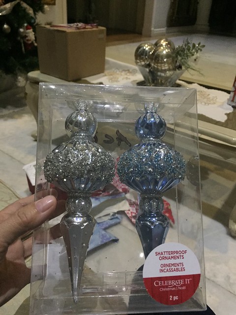 silver and blue Christmas ornaments from Len